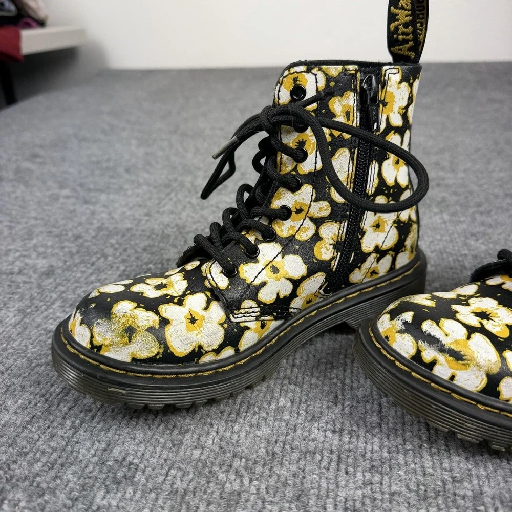 Dr. Martens Boots Kids 1 Black Floral 1460 Pascal J Combat Ankle Zip Lace Up